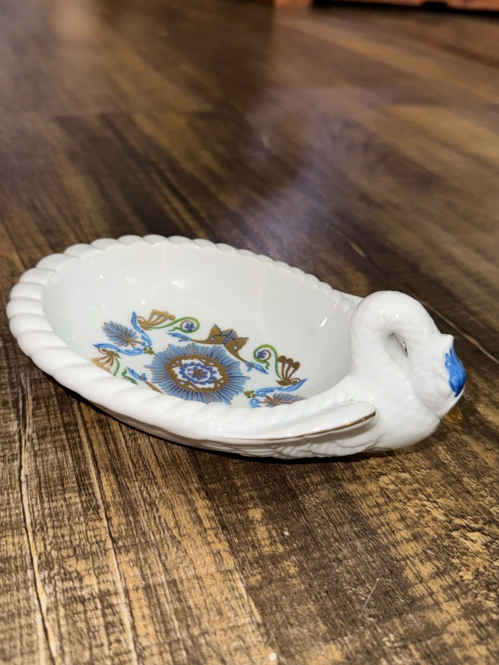 White Swan-Shaped Ceramic Dish with Blue and Gold Floral Accent